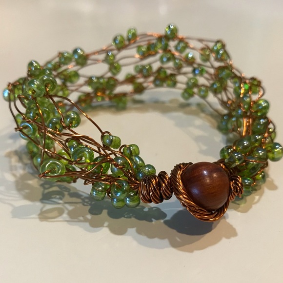 Organic Boho Chic Copper Glass Bead Green Bracelet - Picture 2 of 8